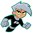 Danny Phantom flying forward with a confident smile and clenched fists.