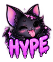 A cute black bat character winking and sticking its tongue out above the word HYPE in dripping pink text.
