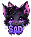A black cat with large purple eyes crying tears with the word SAD written in purple dripping text below it.