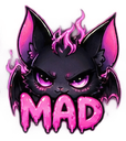 A small black bat with glowing purple eyes and pink magical energy, looking angry with the word MAD written below it.