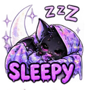 A small black bat with purple accents sleeping under a blanket with the word SLEEPY written below it.