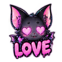 A cute black bat with glowing pink heart-shaped eyes and the word LOVE written in pink dripping letters below it.