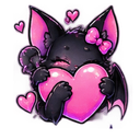 A small black bat with a pink bow hugging a large pink heart surrounded by smaller floating hearts.