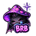 A cute dark creature with bat wings peeking out from under a glowing purple mushroom with the text BRB written in front.