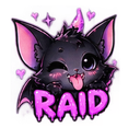 A cute black bat with purple wings winking and sticking its tongue out, with the word RAID written in pink dripping text b...
