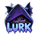 A small dark creature with large eyes wearing a purple hood with the word LURK written in blue below it.