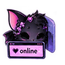 A dark, cute bat with pink bows and hearts peeking over a pink online status bar.