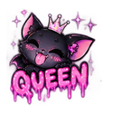 A black bat cat with a crown and pink sparkles sticking its tongue out above the pink dripping text QUEEN.