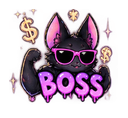A black cat wearing pink sunglasses flexing its arm with the word BOSS written in purple dripping text.