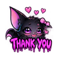 A cute black bat with large purple eyes and a pink bow, surrounded by floating pink hearts, with the text thank you writte...