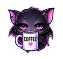 A cute black bat with purple accents holds a white mug with the word COFFEE and a small pink heart on it.