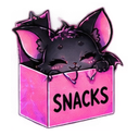 A cute black bat with pink ears peeking out of a pink box with the word SNACKS written on it.