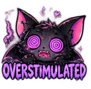 A black bat with glowing purple spiral eyes and an open mouth, captioned with the word overstimulated.