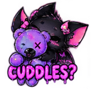A black bat with pink ears hugging a purple stitched teddy bear with the text CUDDLES? written in pink bubbly letters.