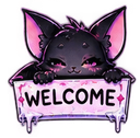 A black cat with pink ears and eyes holds a sign that says welcome with a dripping effect.