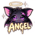 A cute black bat with purple eyes and a glowing halo above its head with the word angel written below.