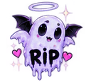 A cute, purple cartoon ghost with bat wings and a halo, displaying the text RIP with pink hearts and sparkles around it.