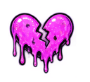 A stylized broken heart icon colored in bright pink with liquid-like drips falling from the edges.