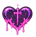 A pixel art heart with a dark purple center and a glowing pink cross, surrounded by dripping pink slime.