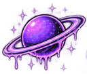 A purple planet with rings that are melting downwards in a pixel art style.