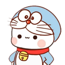 A cute character wearing a blue cat hat with a bell, smiling with rosy cheeks.