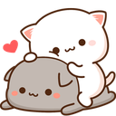 A white cat playfully pouncing on a gray dog with a happy expression.