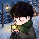 A chibi boy with dark hair wearing a green scarf holds a glowing yellow star in his hands while snow falls in a winter lands…