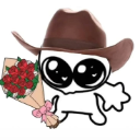 A small white creature wearing a brown cowboy hat holds a bouquet of red roses with a loving expression.