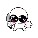 A small white creature with large black eyes and pink blushing cheeks holding a small gray knife.