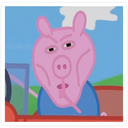 A distorted pink pig character with a judgmental, intense stare.