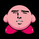 Kirby with a hyper-realistic masculine jawline and facial features expressing a smug, satisfied look.