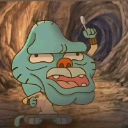 A blue cartoon cat with a massively swollen, distorted jawline making a smug and intense facial expression.