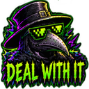 Plague doctor wearing black hat and pixelated sunglasses with green text reading Deal With It.