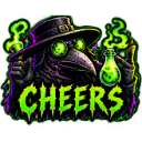 Plague doctor wearing a wide-brimmed hat and goggles holds up a glowing green potion bottle while the word cheers appears ...