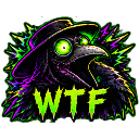 A plague doctor bird with glowing green eyes and a dark hood looks shocked with the text WTF displayed in bright green.
