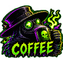 A plague doctor wearing a top hat holds a steaming green mug with a skull icon while the word COFFEE is written below.