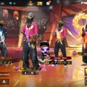Group of video game characters standing together in a brightly lit lobby.