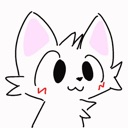 A white cartoon cat with large eyes and pink blushing cheeks smiling happily.