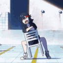 Ryuko Matoi from Kill la Kill aggressively throwing a chair while shouting in anger.