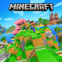 Minecraft characters running across a blocky green landscape under a blue sky with the game logo above.