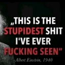 Albert Einstein portrait with bold white and red text stating that this is the stupidest thing ever seen.