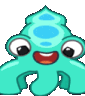 A blue squid-like creature with large eyes and a wide smile bouncing up and down in a rhythmic dance.