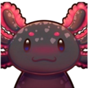 A purple axolotl with pink frills and a blushing face looking bashful.