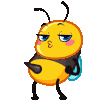 A cartoon bee with a yellow body and blue wings alternating between a pouting, smug expression and a happy, wide-eyed grin.