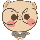 A cute cartoon bear wearing large round glasses and a gray blazer with rosy cheeks.
