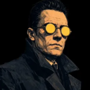 A man in a dark coat wearing glowing yellow round spectacles looking forward with a serious expression.