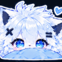 A fluffy white creature with large blue eyes peeking over a blue surface with a small blue heart icon nearby.