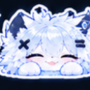 A fluffy blue creature resting its head on its paws with a happy, closed-eye smile.