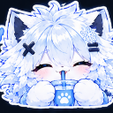 A fluffy white cat-like creature with a happy expression sipping from a blue cup with a paw print on it.