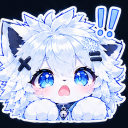 A fluffy white creature with large blue eyes and an 'x' mark on its cheek looking shocked with two blue exclamation marks ab…